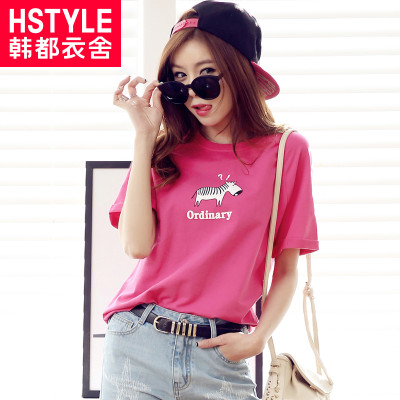 韩都衣舍2016韩版女装夏新款圆领宽松印花图