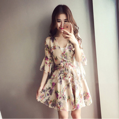 巴伯瑞2017夏季新款女装V领荷叶袖碎花连衣裙