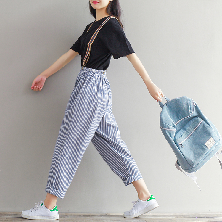 几未 2016夏秋新款休闲裤女 宽松条纹棉麻百搭萝卜裤 9066 蓝白条 L【价格,正品,报价】-飞牛网