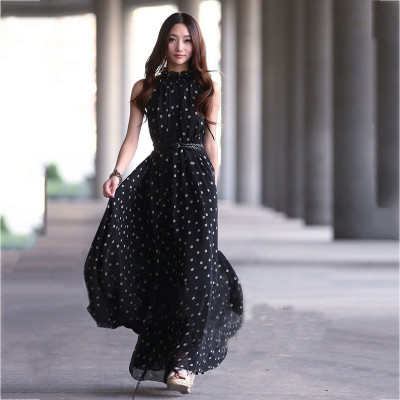 西原美2017夏款无袖圆领长裙 沙滩裙气质夏雪