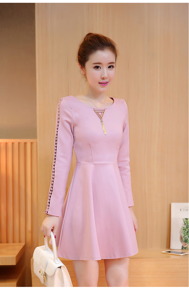 三际2016秋装新款女装长袖纯色连衣裙修身裙