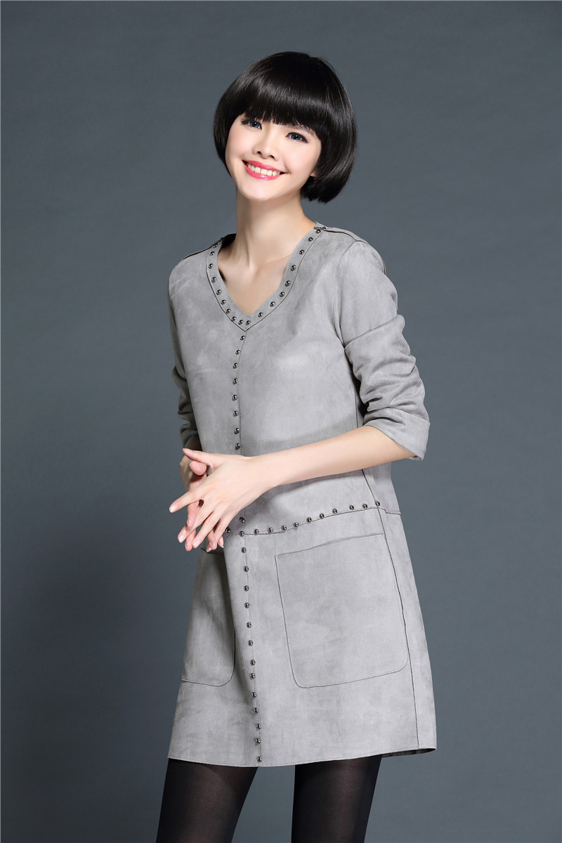 三际2016冬新款麓皮绒柳钉口袋宽松显瘦大码