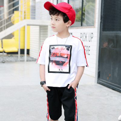 笛钰 夏季儿童套装3-12岁男童贴布公鸡印花短