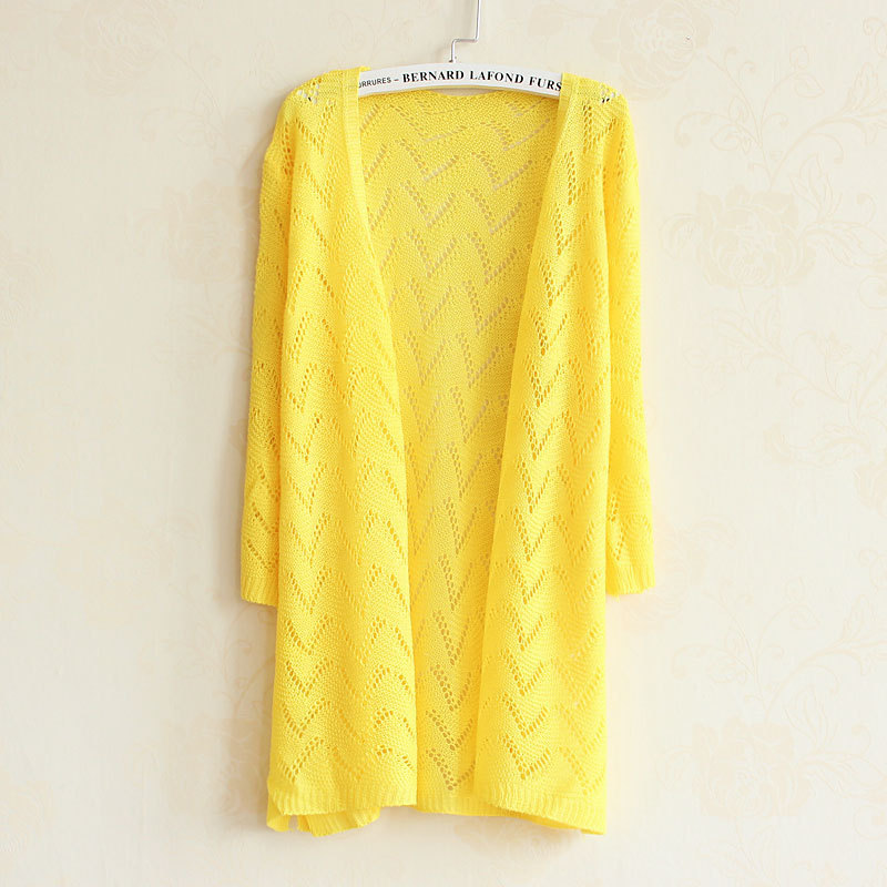 春之北纬夏季韩版镂空中袖女装针织中长开衫针