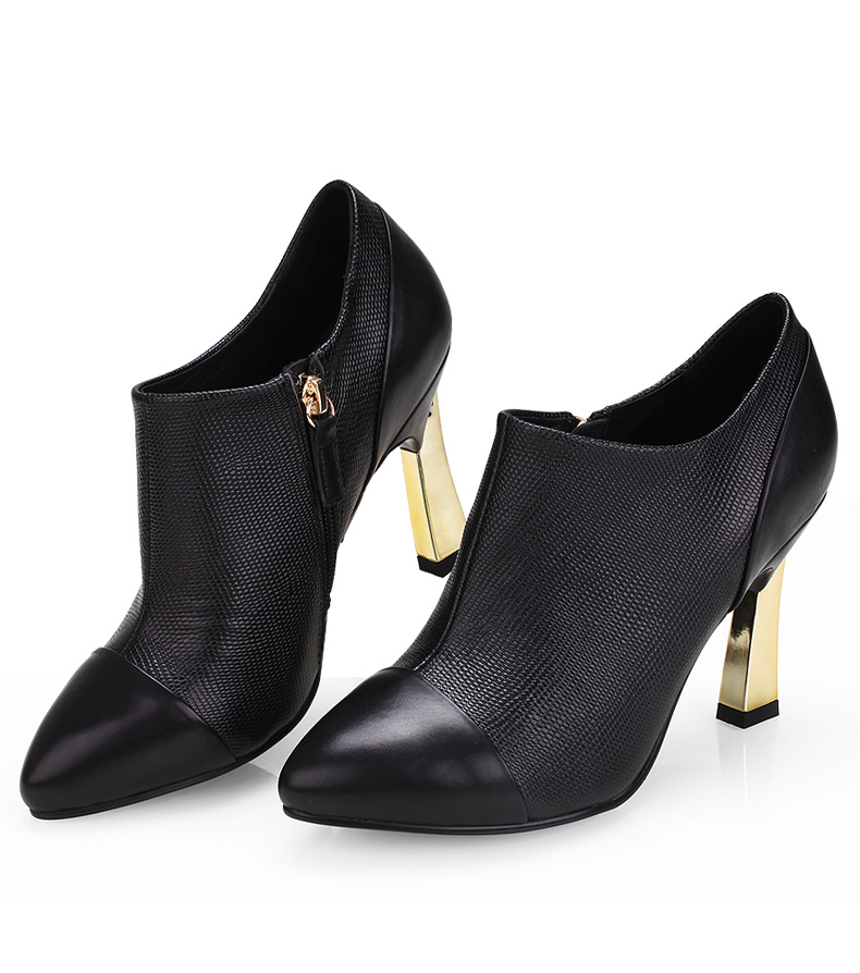 美国犀牛meixi 深口真皮高跟女鞋 套脚英伦低帮皮鞋女 简约拉链及踝单