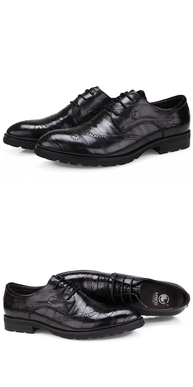 美国犀牛meixi男士皮鞋真皮休闲鞋春秋季新品青年商务布洛克男鞋圆头