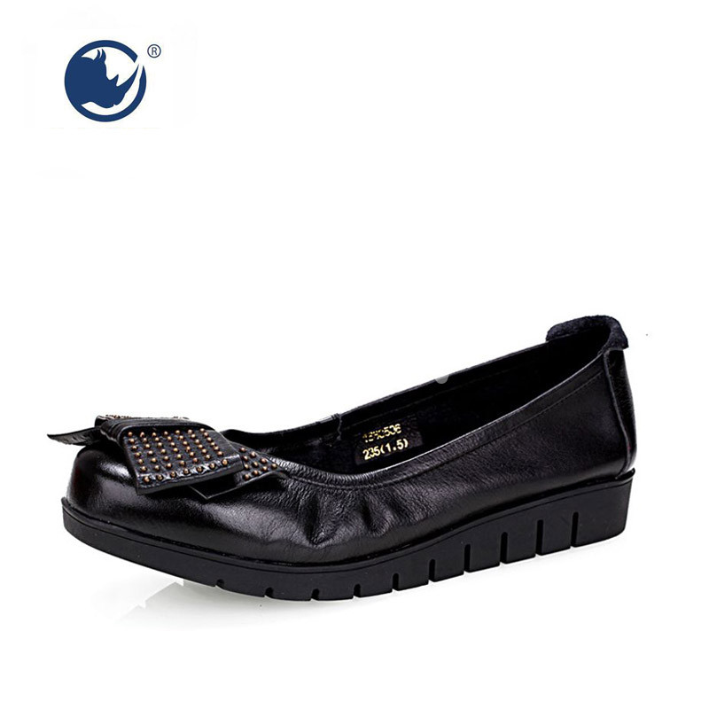 美犀美国犀牛女鞋优雅时尚韩版圆头真皮蝴蝶结平底女单鞋妈妈鞋