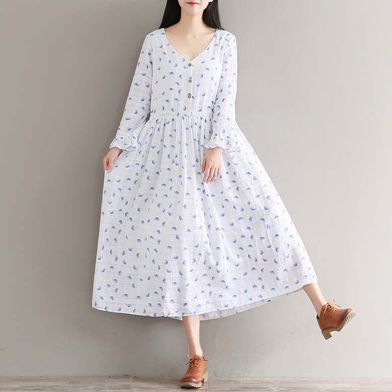 laperfumeria女装宽松显瘦裙子2017新款森女系v领复古长款碎花长袖