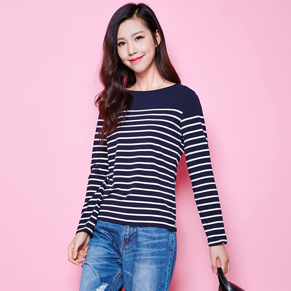 拉夏贝尔2017秋新款时尚条纹休闲圆领套头长袖t恤女10008375