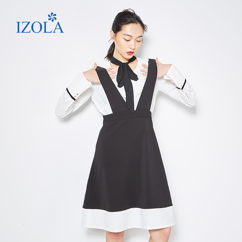 izola/伊佐拉2017春新款时尚修身拼接背带裙中裙半身裙子女63m702